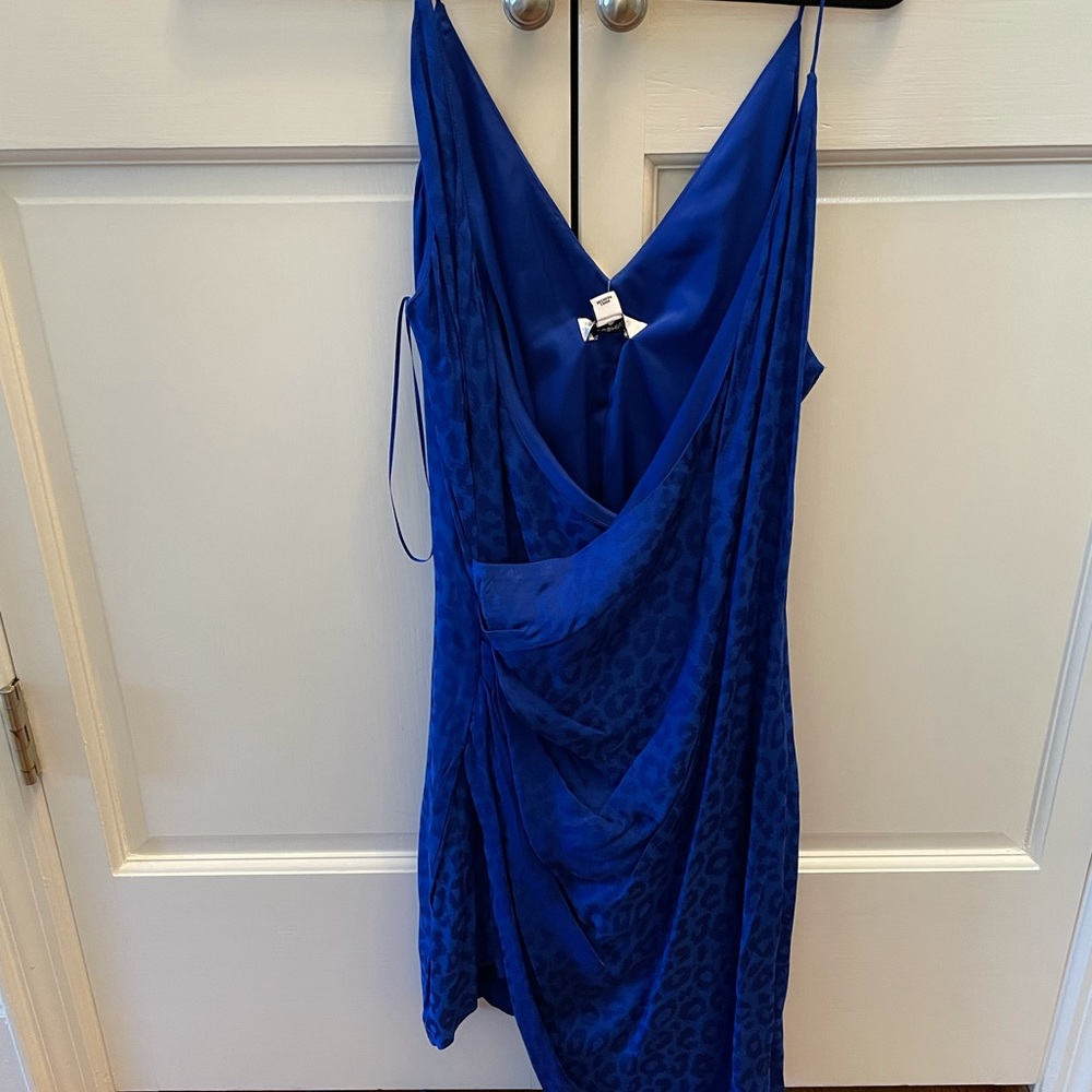 NWT CUSHNIE SILK WRAP COCKTAIL DRESS! Royal blue with leopard silk blend fabric